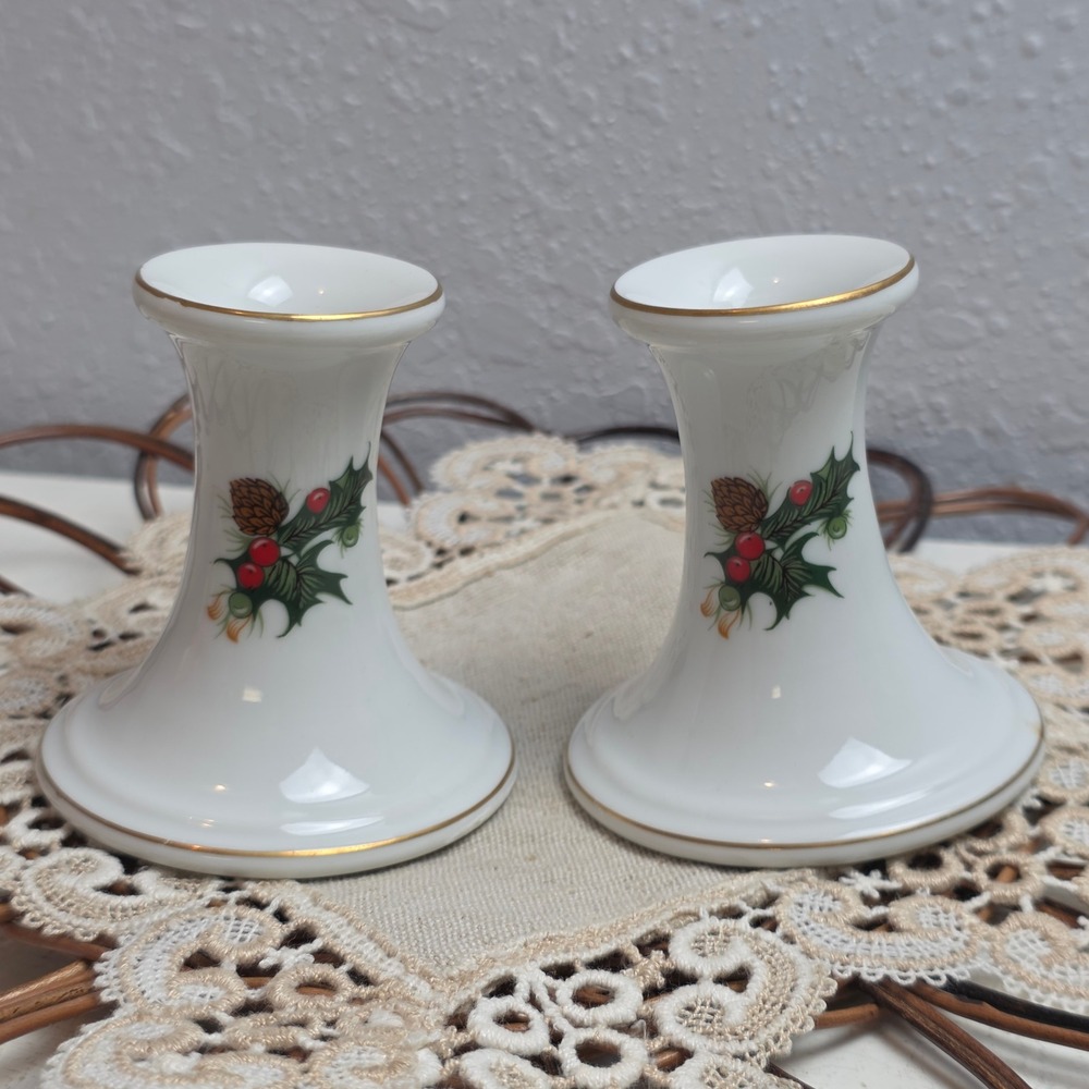 Vintage Woolworth Porcelain Christmas Holly Berry Pinecone Candlesticks Gold Rim